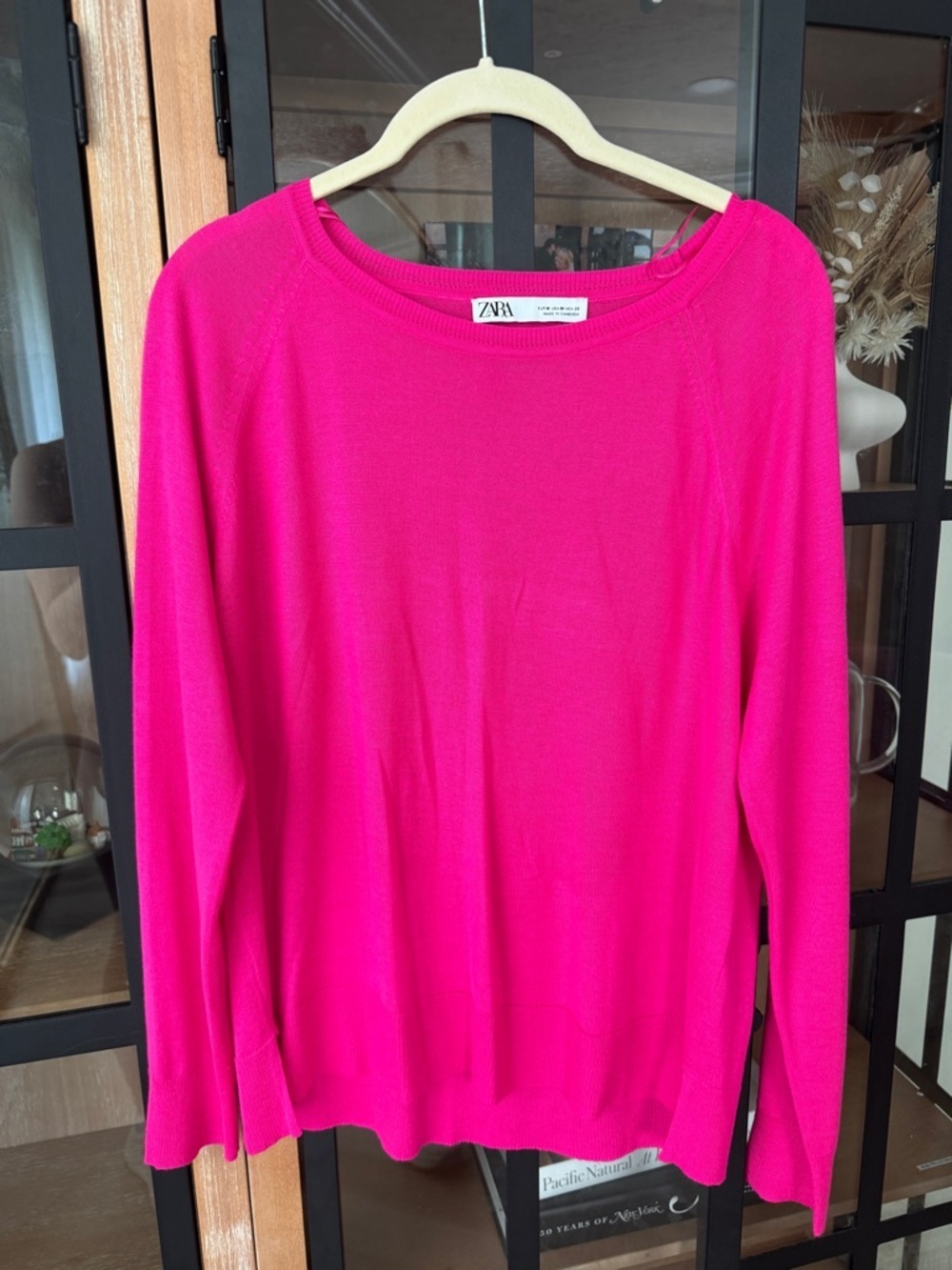 Zara knit sweater long sleeve top pointelle lightweight rib neon barbie pink